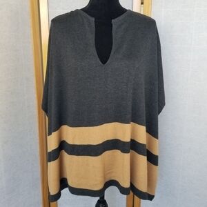 AVEC Knit Poncho Gray and Camel One Size Fits Most V-Neck Cotton Blend
